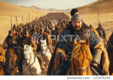 Genghis Khan leads the Mongolian army across the steppe with determination and strength Genghis Khan leads the Mongolian army across the steppe with determination and strength 125976249