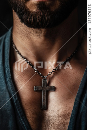 Christian pectoral cross hangs on the chest of a believer showcasing faith and devotion Christian pectoral cross hangs on the chest of a believer showcasing faith and devotion 125976328