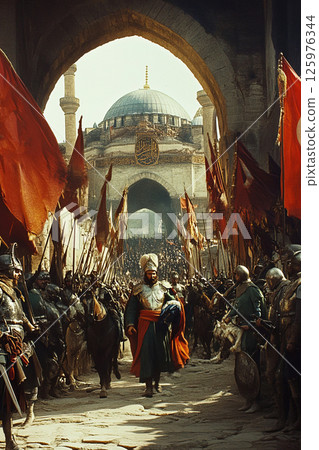 Ceremonial entry of Turkish Sultan into conquered Constantinople during historical conquest 125976344