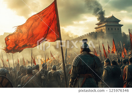 Chinese soldiers defend the Great Wall against Mongol forces in a summer battle under the sun 125976346