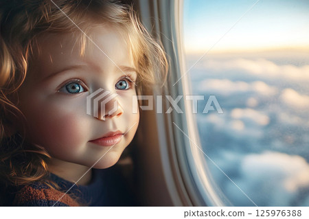 Child gazes curiously out of airplane window observing white clouds during a flight 125976388