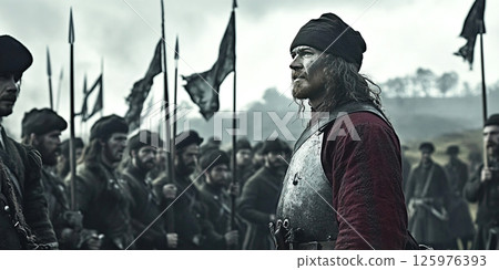Dramatic moment from the First War of Scottish Independence showcasing warriors preparing for battle. Header banner mockup with copy space. 125976393