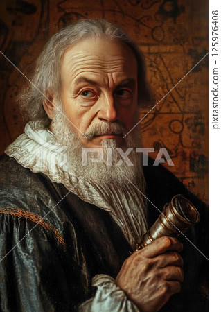 Galileo Galilei studies the stars using an old telescope in a historical observatory setting 125976408