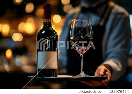 Elegant waiter presents red wine on a tray in a fine dining restaurant at night 125976424