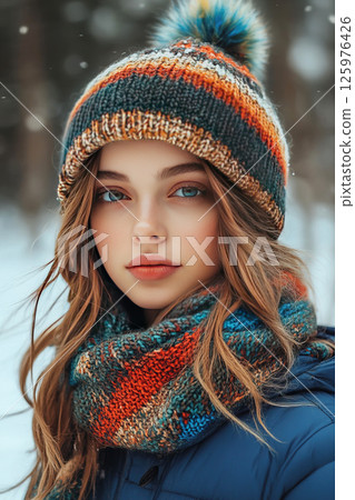 Winter knitted hat with balabon worn by a young woman in a snowy landscape 125976426