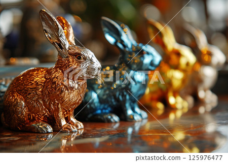 Festive display of shiny robot bunnies and colorful metallic Easter eggs 125976477
