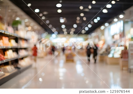 Shopping center rows, soft focus, bluer effect. Make purchases in the store or online. A large modern store, a huge selection of products. 125976544