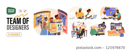 Team of web designers cartoon scenes set with creative people artists working on webpage software 125976670