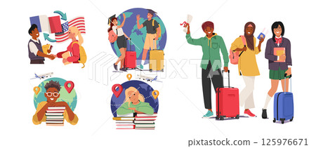 Student engaged in exchange program opportunity cartoon scene set with happy experienced adolescents Student engaged in exchange program opportunity cartoon scene set with happy experienced adolescents 125976671