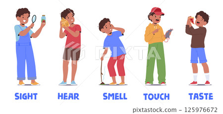 Little boys cartoon characters showing human five senses for joyful education and world exploration Little boys cartoon characters showing human five senses for joyful education and world exploration 125976672