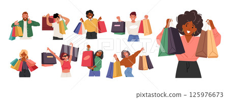 Happy satisfied diverse people cartoon characters with shopping bags set isolated on white 125976673