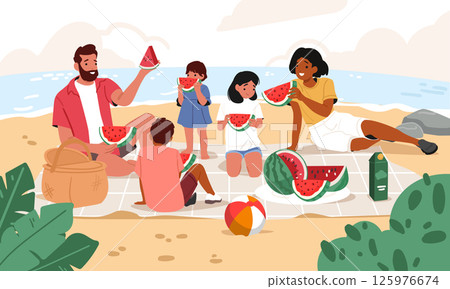 Summer family picnic on beach cartoon scene with happy parents and children resting together 125976674