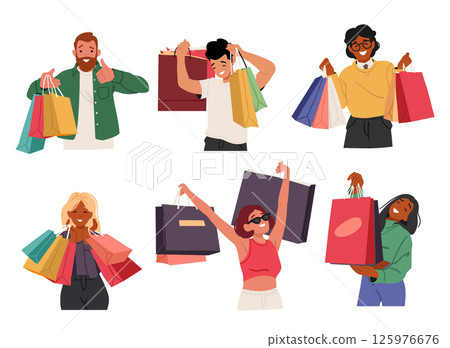 Young adult diverse people cartoon characters with shopping bags in hands enjoying purchases set 125976676