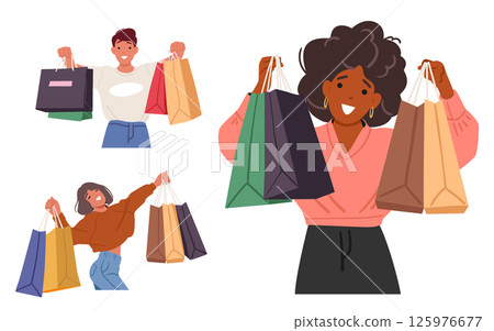 Man and woman shopaholic cartoon characters enjoying seasonal sale carrying shopping bags set 125976677