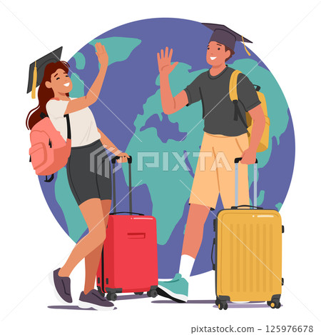 Overjoyed girl and boy students giving high five celebrating start of educational exchange program 125976678