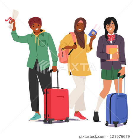 Multiracial students from different countries with luggage bags and travel tickets isolated on white Multiracial students from different countries with luggage bags and travel tickets isolated on white 125976679