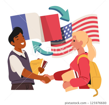 French and American students handshaking over national flag emblem on background cartoon scene French and American students handshaking over national flag emblem on background cartoon scene 125976680