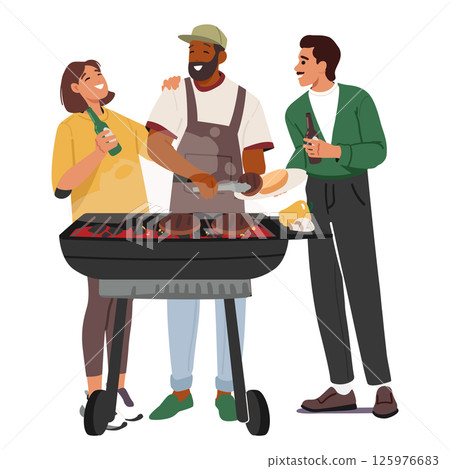 Friends cartoon characters enjoying barbecue party cooking food and drinking beer isolated on white 125976683