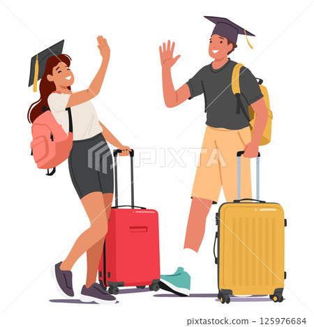 Girl and boy student travelers cartoon characters giving high five standing isolated on white 125976684