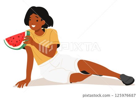 Young woman cartoon character eating watermelon enjoying picnic outdoors isolated on white 125976687