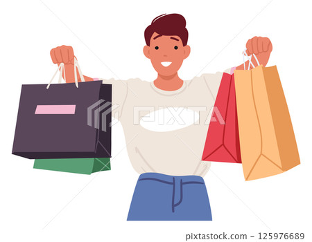 Trendy fashion guy cartoon character proud of great shopping demonstrating purchases in paper bags 125976689