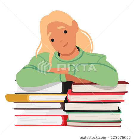 Pretty girl teenage student cartoon character with stack of folded textbooks isolated on white Pretty girl teenage student cartoon character with stack of folded textbooks isolated on white 125976693