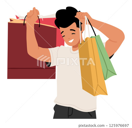 Young joyful boy cartoon character raising paper shopping bags enjoying seasonal sale and discount 125976697