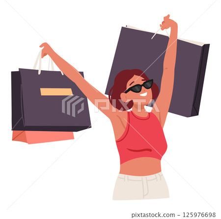Happy adult woman shopaholic cartoon character carrying bags enjoying excellent shopping tourism Happy adult woman shopaholic cartoon character carrying bags enjoying excellent shopping tourism 125976698