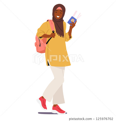 Happy smiling Muslim girl student cartoon character holding flight boarding pass and backpack 125976702