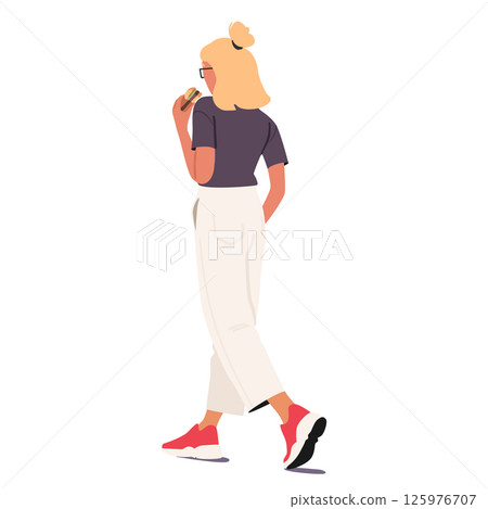 Young woman cartoon character eating fast food meal on-the-go isolated on white background Young woman cartoon character eating fast food meal on-the-go isolated on white background 125976707