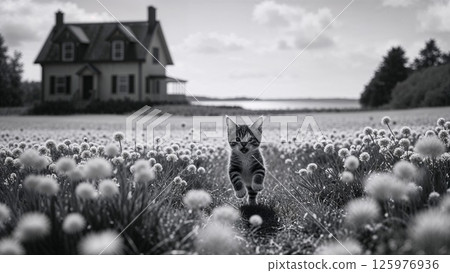 Cat running through the fields Cat running through the fields 125976936