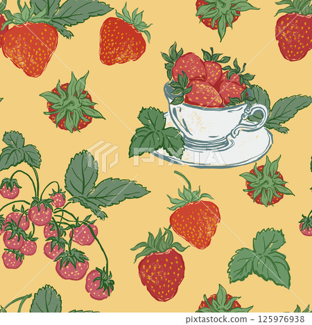 Vector seamless pattern of fresh strawberry and green leaves. Hand-drawn ripe fruits isolated on yellow background. Tasty food illustration for design, print, fabric or background. 125976938