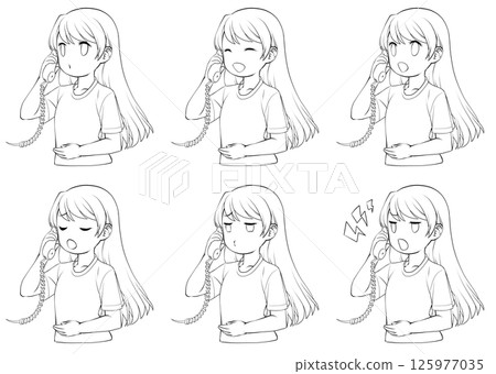 一位年輕女子在電話聽筒上說話的線條畫,一組 6 種不同的臉部表情 一位年輕女子在電話聽筒上說話的線條畫,一組 6 種不同的臉部表情 125977035