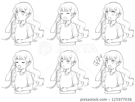 一位年輕女子在電話聽筒上說話的線條畫,一組 6 種不同的臉部表情 一位年輕女子在電話聽筒上說話的線條畫,一組 6 種不同的臉部表情 125977036