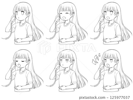 一位年輕女子在電話聽筒上說話的線條畫,一組 6 種不同的臉部表情 一位年輕女子在電話聽筒上說話的線條畫,一組 6 種不同的臉部表情 125977037