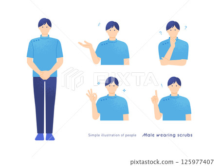 A man working at a chiropractic clinic or nursing care site. Gestures of a male therapist wearing a scrub. Vector illustration set. 125977407
