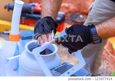 Hand in gloves cleans inspects filtration system parts to swimming pool working remote construction area 125977414