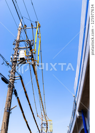 Railway viaduct and electric wire protection pipe under construction, Higashimurayama Station area, Tokyo, April 2025, f-2, high saturation contrast 125977634