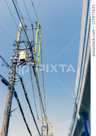 Railway viaduct and electric wire protection pipe under construction, Higashimurayama Station area, Tokyo, April 2025, f-3, warm and cool color emphasis 125977635