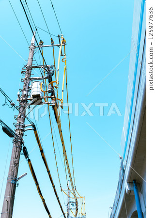 Railway viaduct and electric wire protection pipe under construction, Higashimurayama Station area, Tokyo, April 2025, f-4 light color Railway viaduct and electric wire protection pipe under construction, Higashimurayama Station area, Tokyo, April 2025, f-4 light color 125977636