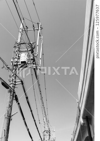Railway viaduct and electric wire protection pipe under construction, around Higashimurayama Station, Tokyo, April 2025, f-5 monochrome 125977637