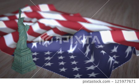 The Statue of Liberty and USA flag on wood table 3d rendering 125977671