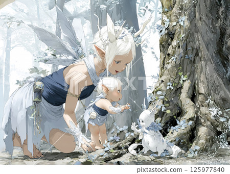 Illustration material of a dryad mother telling a child a story about the forest Illustration material of a dryad mother telling a child a story about the forest 125977840