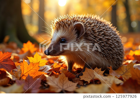 Hedgehog in autumn leaves. 125977926