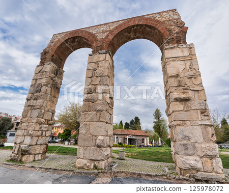 Ancient Roman Kizilcullu Aqueduct arches in Selcuk, Izmir, Turkey 125978072