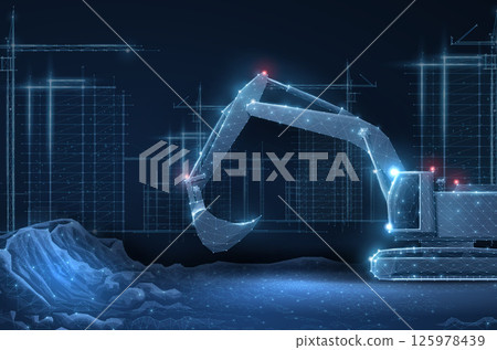 Digital construction site sketch with excavator. Building 3D Printing, Building Information Modeling 125978439