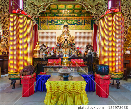 Vibrant interior of Thean Hou Temple showcasing Mazu statue and intricate Chinese artistry, Kuala Lumpur, Malaysia 125978688