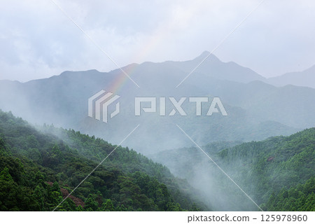Yakushima Offshore Alps: Mt. Aiko shrouded in mist and a rainbow (August) Yakushima Offshore Alps: Mt. Aiko shrouded in mist and a rainbow (August) 125978960
