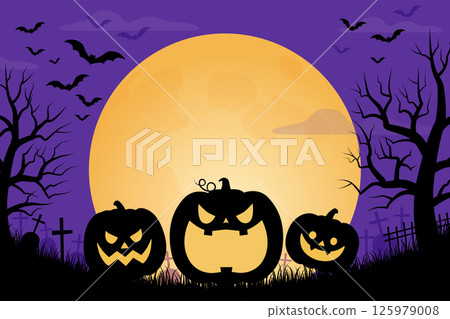 Halloween background with full moon and silhouette of pumpkins_vector illustration 125979008