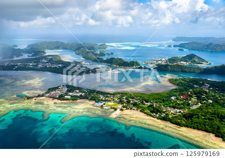 Aerial panoramic view of Palau with Koror and Ngerekebesang Islands in Micronesia, Oceania Aerial panoramic view of Palau with Koror and Ngerekebesang Islands in Micronesia, Oceania 125979169